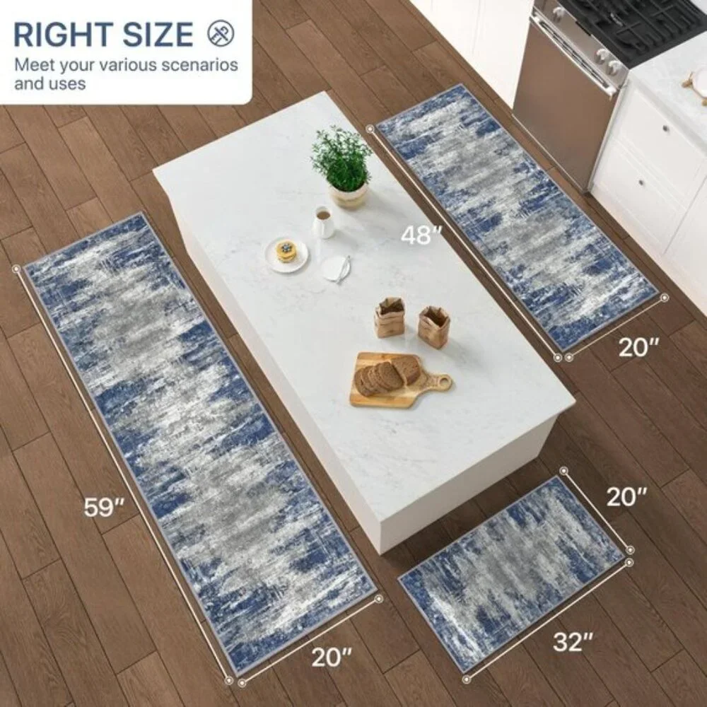 New 3-Piece Blue & Ivory Kitchen Rug Set, Non-Slip, Washable, Waterproof Mats